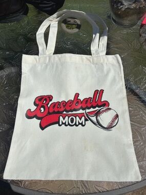 Hand Crafted White Tote with Red & Black 'Baseball Mom' Graphic